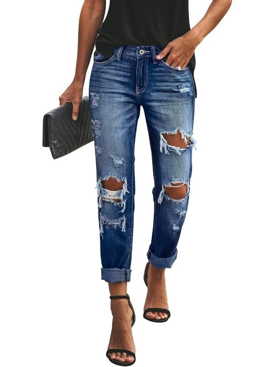 Pants - Women's Dark Blue Ripped Mid Waisted Boyfriend Jeans Loose Fit Distressed Jeans